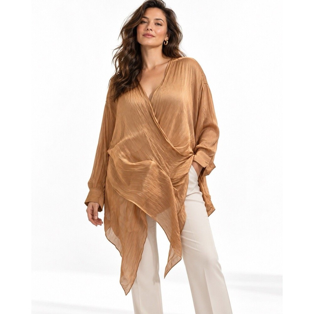 S-DEER NWT XXL Champagne Bronze Crinkled Draped Surplice Tunic Blouse - Picture 1 of 7